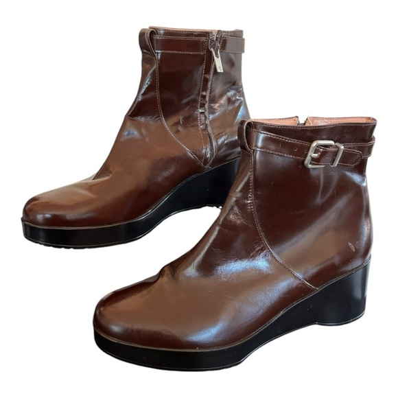 Robert Clergerie Cognac Wedge Ankle Boot Zipper Size 6.5 Buckle - Picture 1 of 15